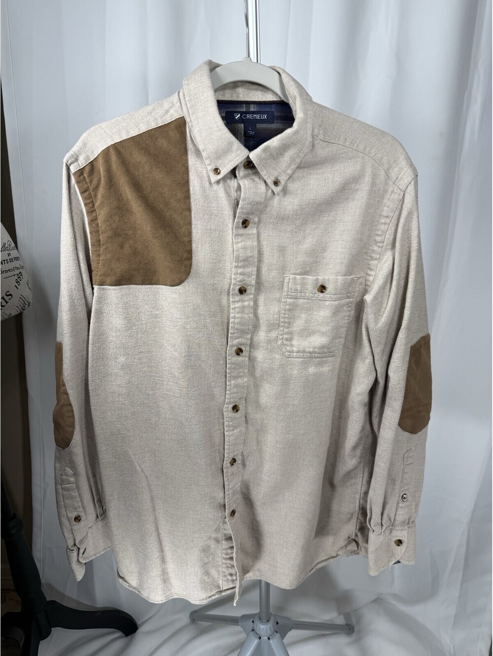 Cremieux Mens Large Shooting Shirt Flannel Elbow Patch Oatmeal Button Down Hunt
